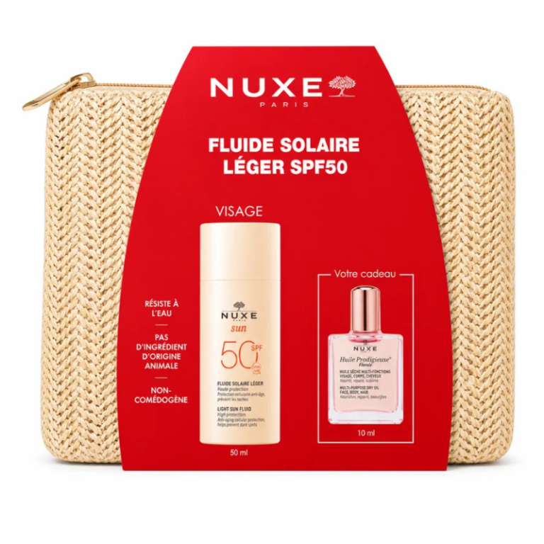 NUXE FLUIDE SOLAIRE LEGER SPF50+ 50ML+HUILE PRODIGIEUSE FLORALE 10ML(OFFERT)+TROUSSE (OFFERT)